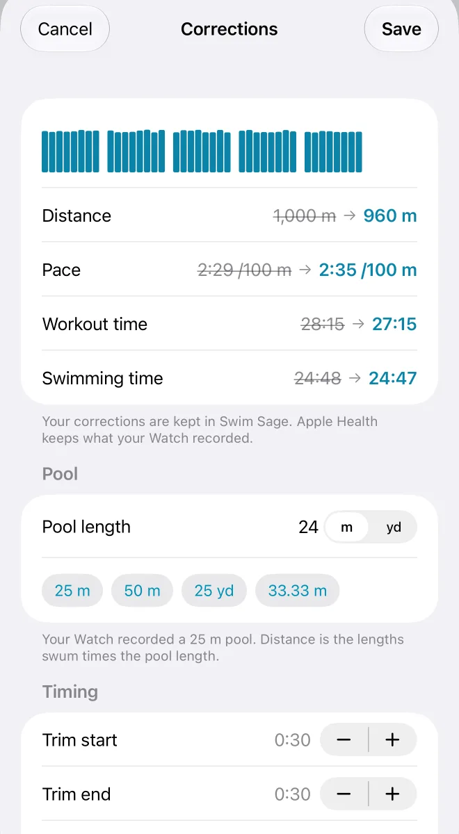 Correcting a swim: pool length, trims, and every length's time