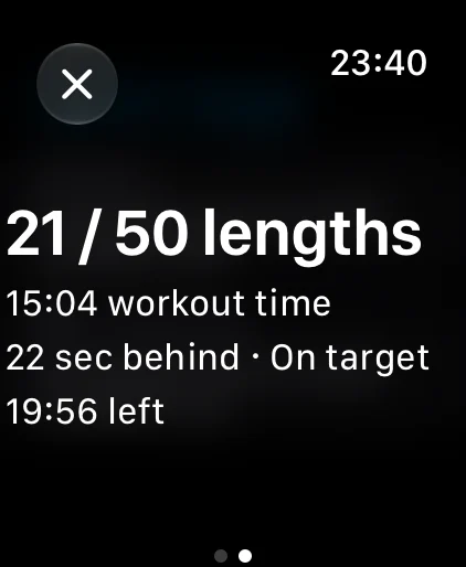 Swim Sage on Apple Watch during a swim: 21 of 50 lengths, 22 seconds behind, on target, 19:56 left