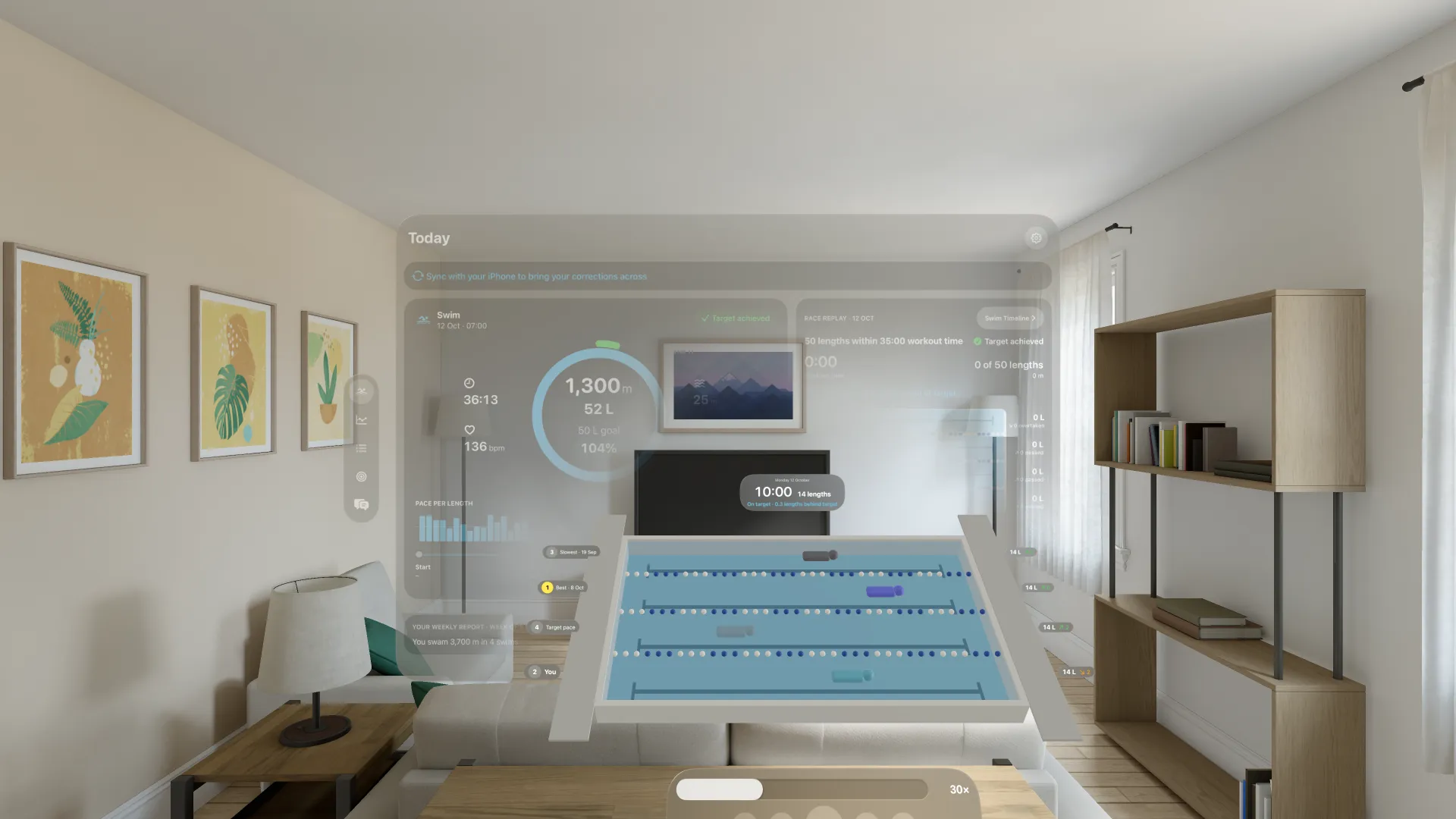 Swim Sage on Apple Vision Pro: the race as a pool on the table in a living room